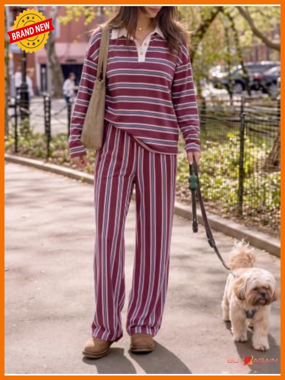 Women's 2-Piece Lounge Set Striped Long Sleeve Polo Wide Leg Pants - Picture 4 of 5